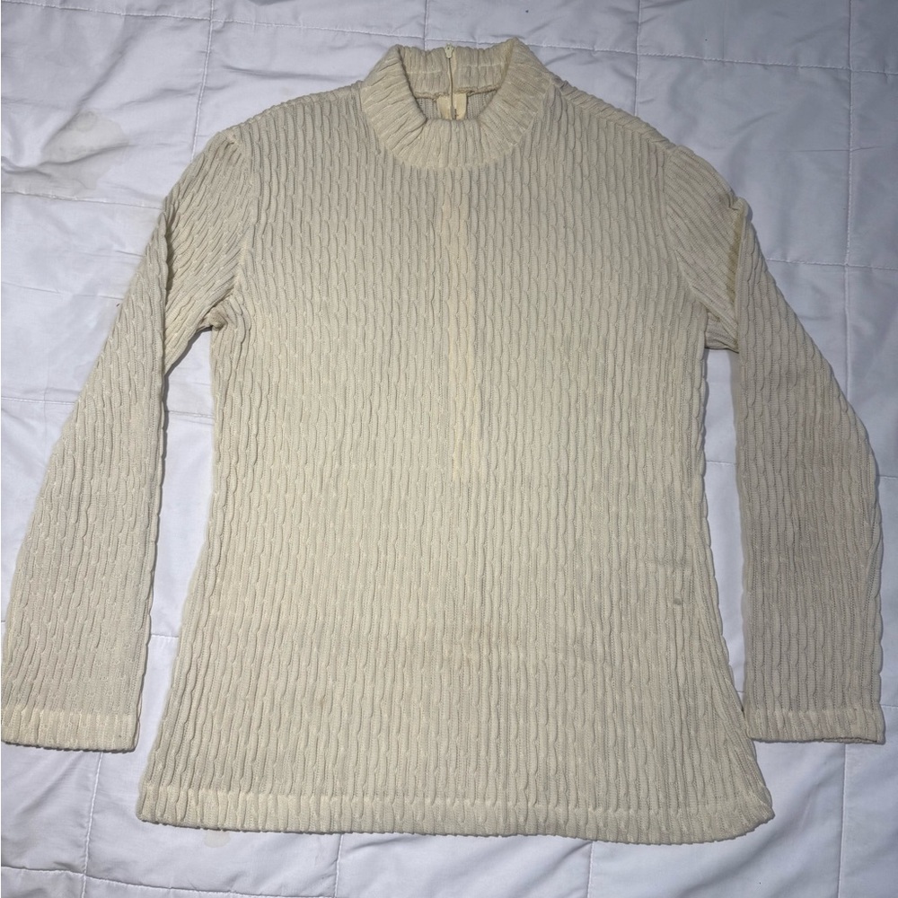 Vintage 70‘s Mock Neck Zip Long Sleeve Cream Semi Sheer Boho Ribbed Textured